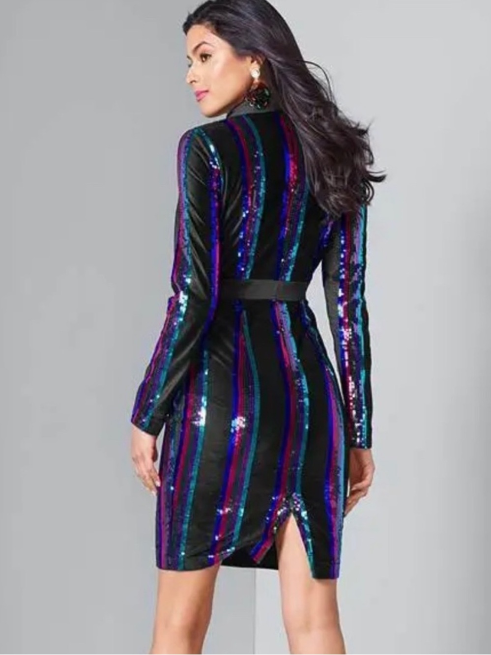 Venus Black Velvet Blue Pink Purple Sequin Tuxedo Style Long Sleeve Dress Size 2 - Picture 3 of 12